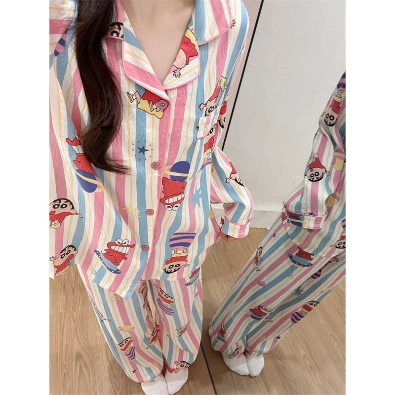 可爱甜美条纹蜡笔小新睡衣女春秋长袖长裤卡通家居服套装跨境批发|undefined
