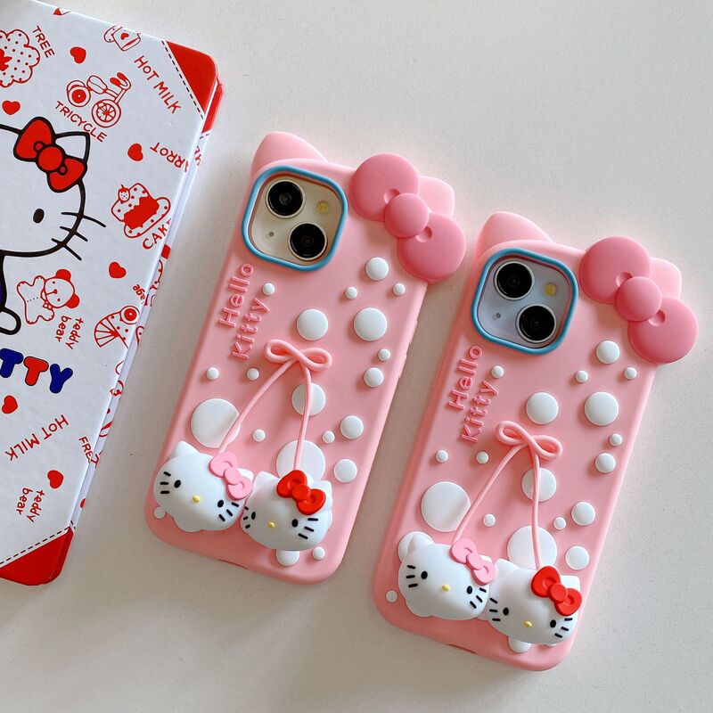 Silicone Cat Ears Kt Cat Bow Cherry Phone Case Iphone17 Suitable for 16Promax Protective Cover 11