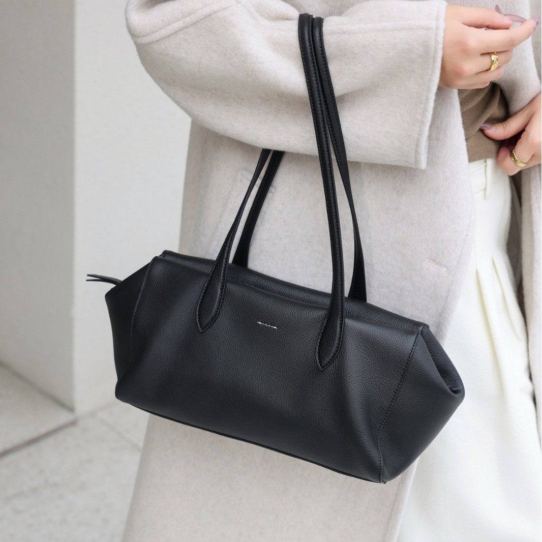 Korean Niche Top Grain Cowhide Underarm Tote Bag For Women, Fashion Genuine Leather Commuter Shoulder Handbag Boston Bag