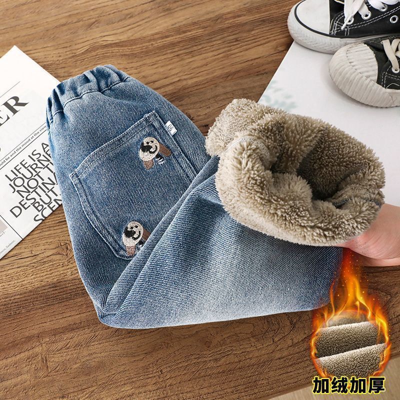 爆款儿童羊羔绒牛仔裤2025冬季男女卡通刺绣保暖休闲裤中小童长裤