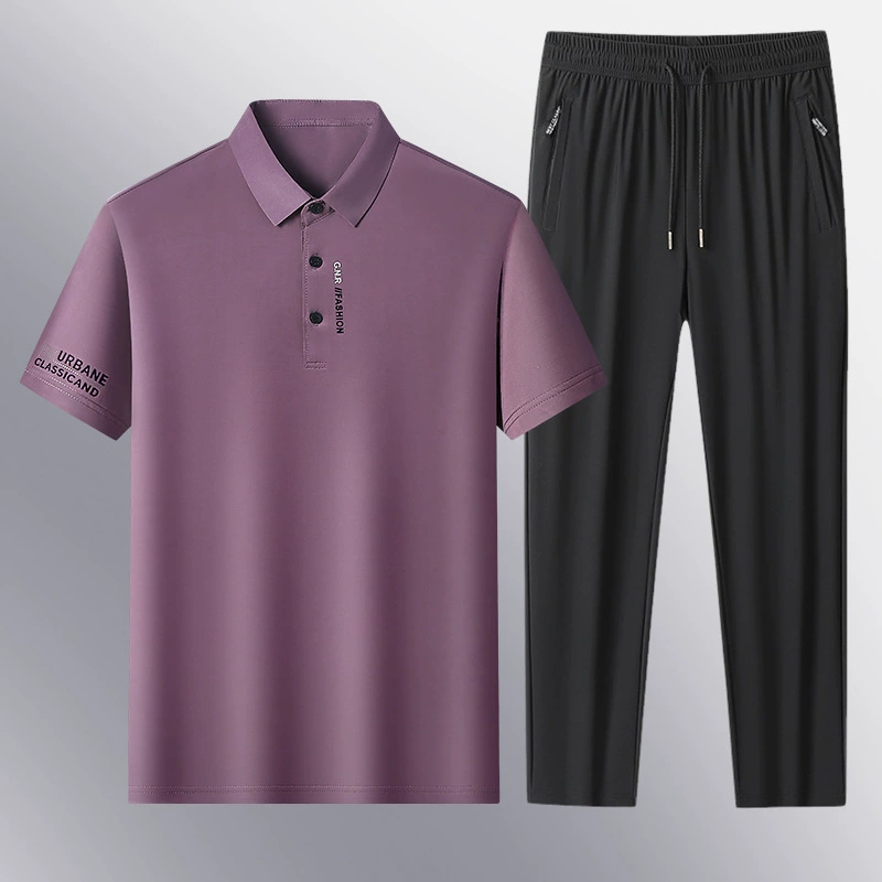 Летняя рубашка-поло из ледяного шелка и брюки, костюм среднего и пожилого возраста, мужской деловой повседневный дышащий быстросохнущий костюм из двух предметов, костюм для папы