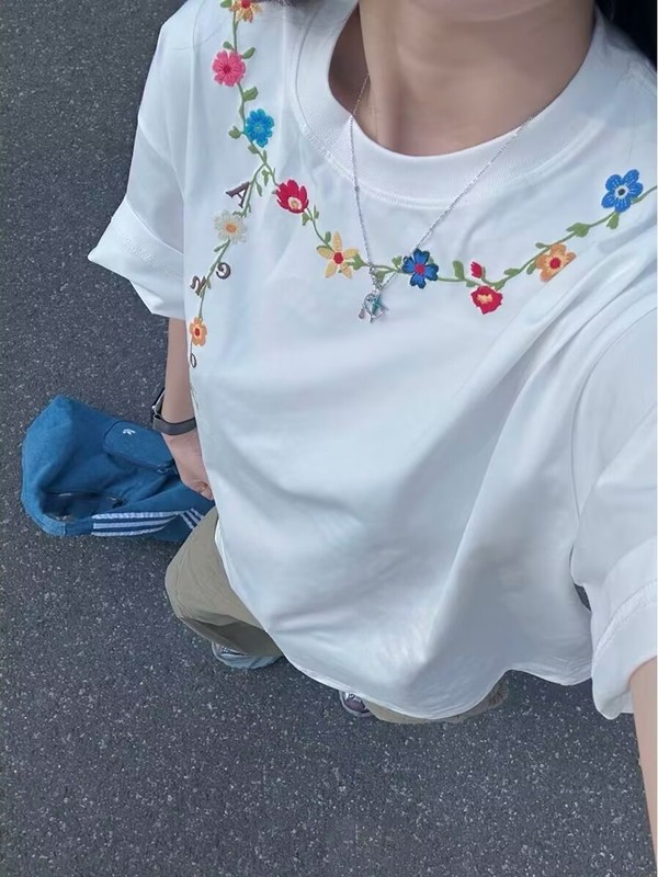アメリカ式高街重ポンド刺繍純綿つる半袖tシャツ男夏新作潮牌半袖ゆるい上着女|undefined