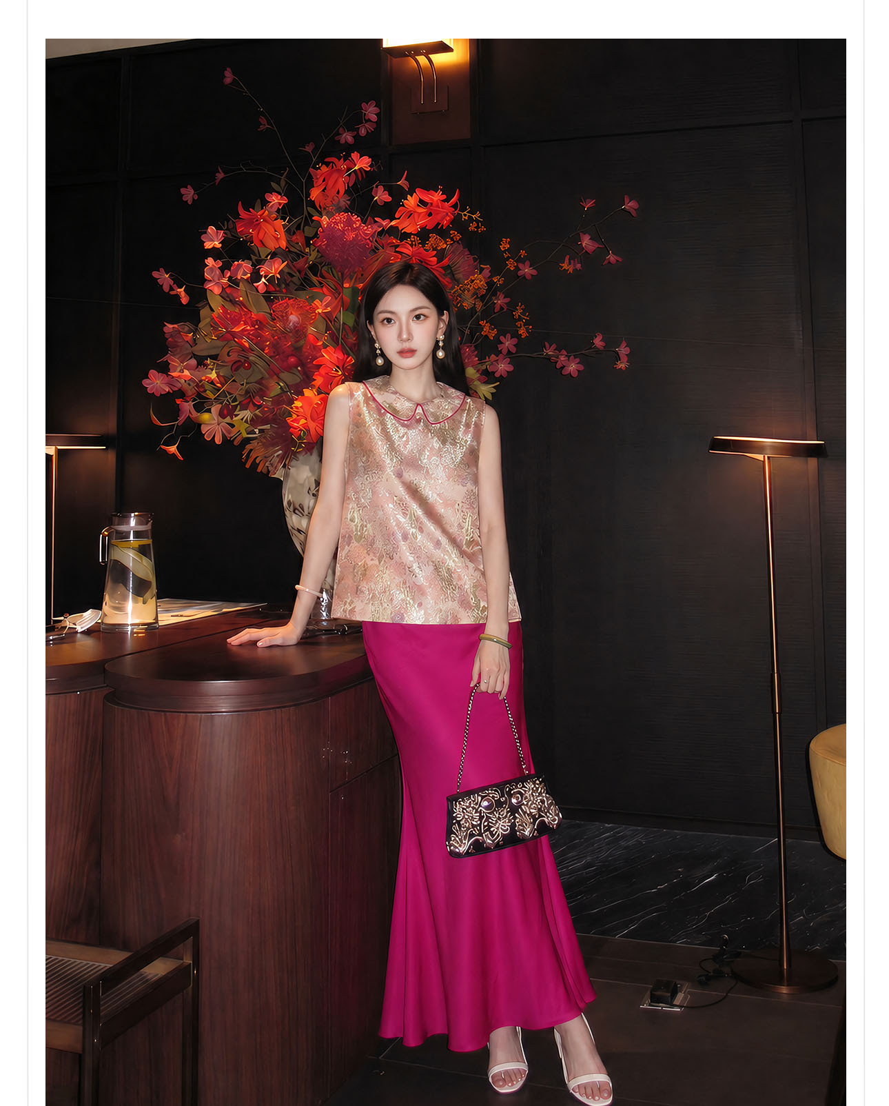 Bộ áo gile + chân váy nữ phong cách Trung Hoa mới, chất liệu jacquard cao cấp, form thắt eo thanh lịch — Áo khoác Carmine, Trang phục [Áo khoác màu hồng+váy đỏ], Màu đỏ nửa váy chi tiết 5