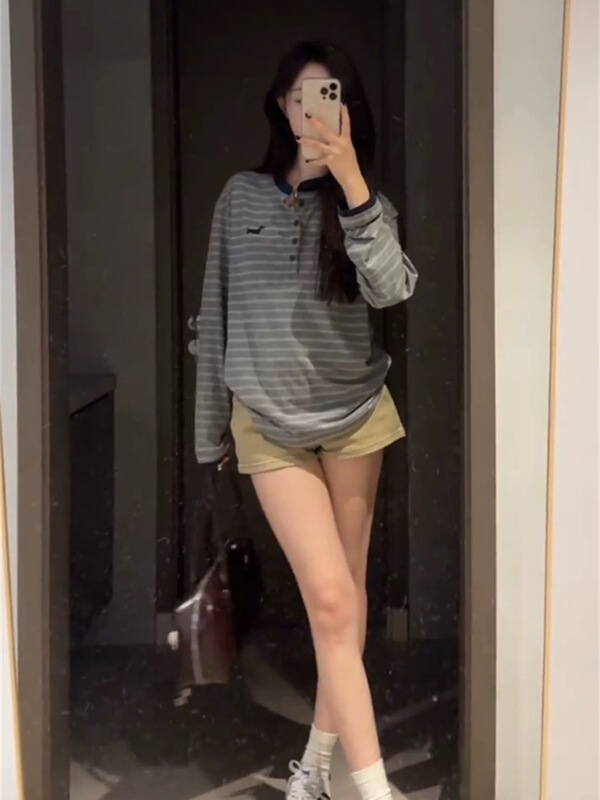 韩系复古学院风条纹撞色新款纽扣长袖t恤衫女秋2025新款百搭上衣|undefined