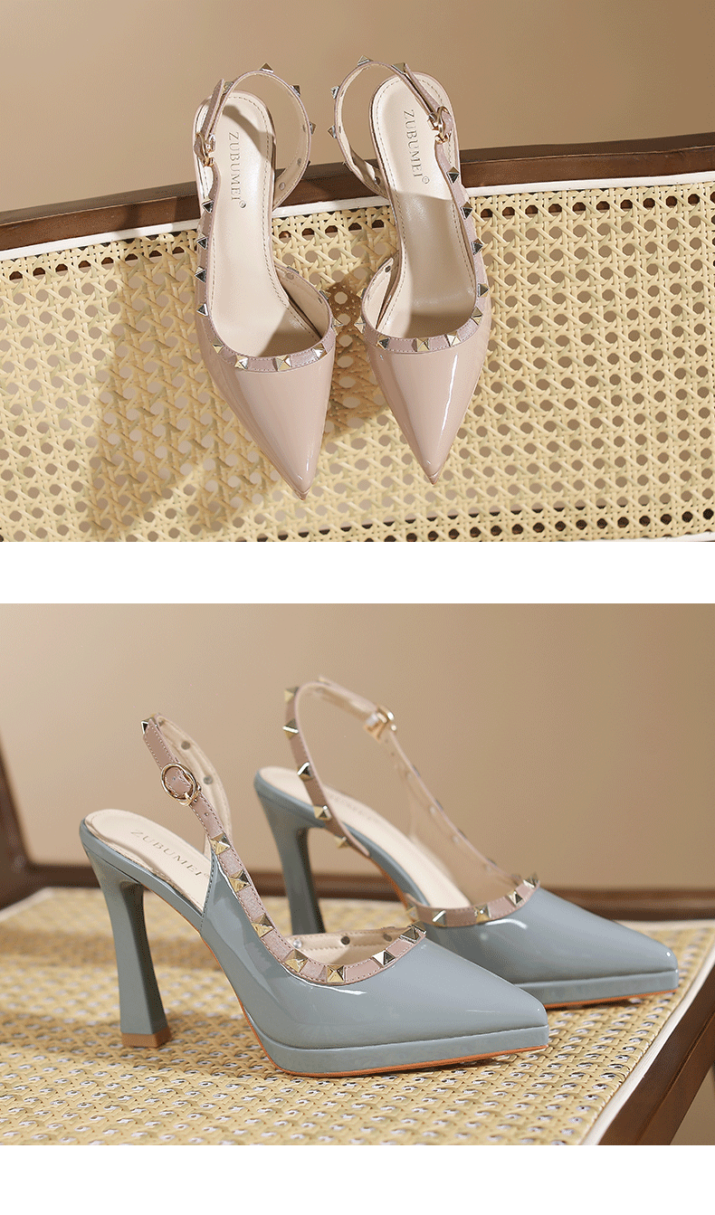 Sandal cao gót nữ mũi nhọn hở mũi, gót nhọn đinh tán, đế chống thấm nước — Xanh lam nhạt chi tiết 8