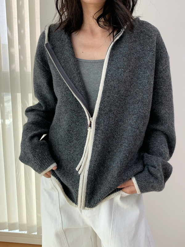 桃乐丝 秋冬新品韩国时髦撞色运动服连帽针织衫拉链直筒开衫毛衣|undefined