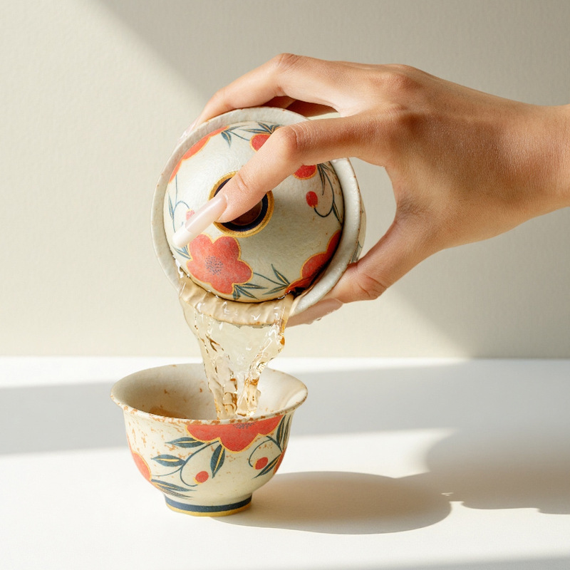 墨己焦糖釉手绘桃花家用陶瓷盖碗功夫茶具仿古布袋盖碗泡茶碗盖碗|undefined