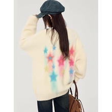 国潮甜美风涂鸦星星圆领毛衣女秋冬季休闲宽松百搭情侣针织衫上衣