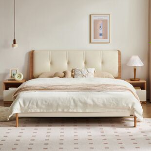 Simple Modern Nordic Style Panel Bed Small Apartment Secondary Bedroom Soft Bed Solid Wood Bed High-Legged Double Bed New Product