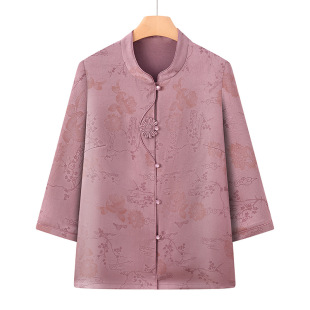 Middle-Aged and Elderly Mothers' Summer Chinese-Style Three-Quarter Sleeve Shirt Tops Grandma's New Style Shirt Fashionable Old Lady