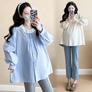 Pregnant Women's Fashion Korean-style Age-reducing 2025 New Pregnant Women's Korean-style Long-sleeved Lace Sweet Loose Doll Shirt Top