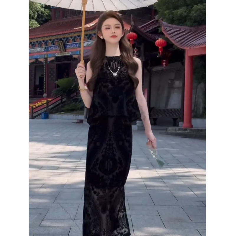 时尚套装裙女2025夏新款百搭文艺范无袖上衣开叉半身裙两件套|undefined