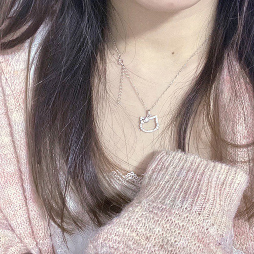 Cartoon Kitty cat diamond necklace, fashionable girly heart, student bestie clavicle chain, niche design sweater chain