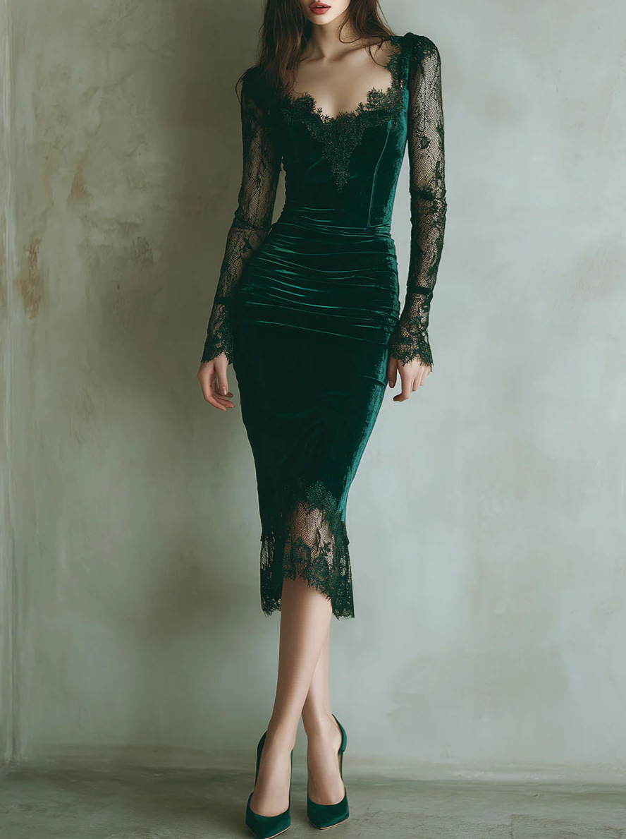 2025 European and American Women's Independent Fashion Platform Amazon French-Style Sexy Lace Patchwork Slim-Fit Bodycon Dress