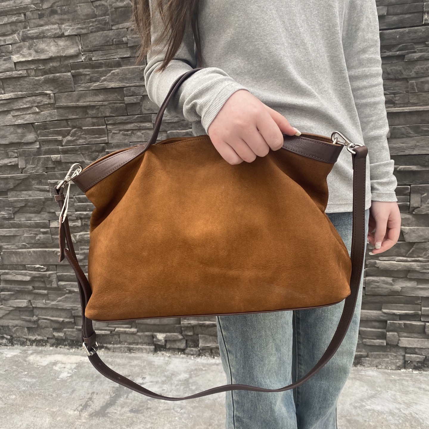 慵懒风磨砂牛皮托特包麂皮简约通勤百搭手提斜挎包大容量真皮女包