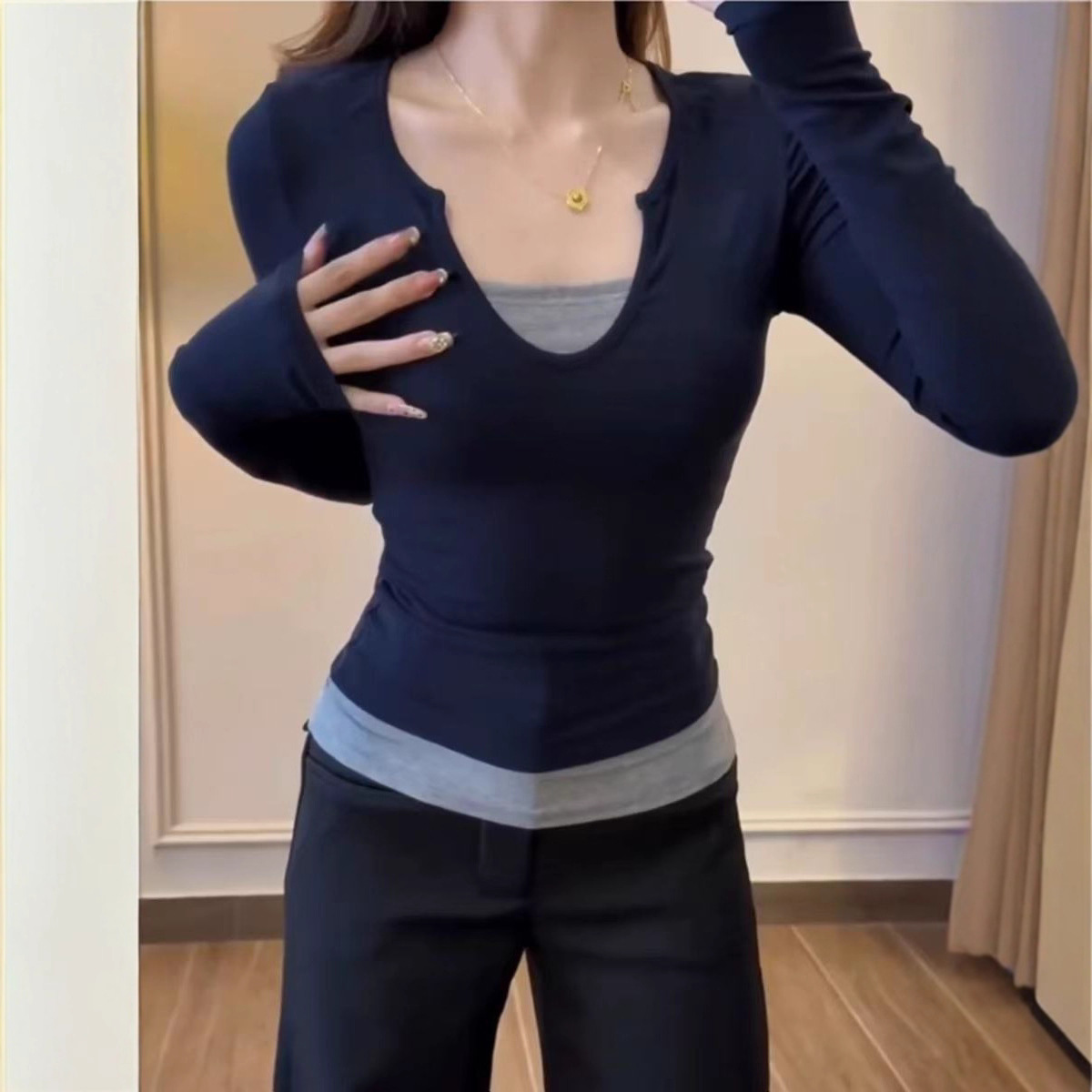 【92人棉8氨纶 260克】拼接长袖T恤女辣妹假两件修身打底内搭上衣