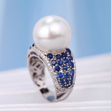 法式复古巴洛克珍珠戒指极光炫彩马贝珍珠镶钻蓝尖晶高碳钻指环女