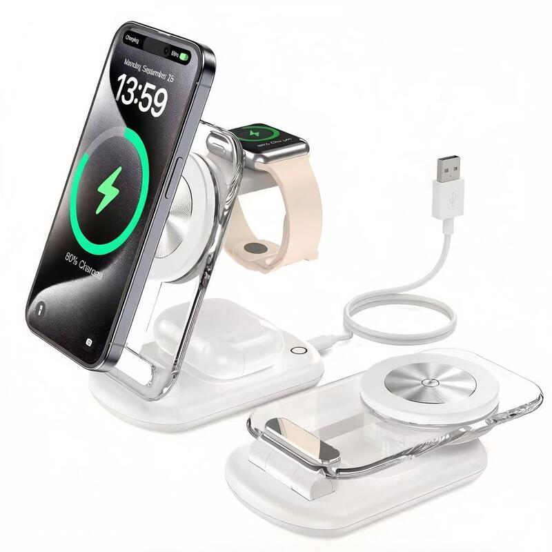 Cross-Border Foldable Magnetic Three-In-One Wireless Charger, Suitable for Apple Phone Stand, Portable Wireless Charger