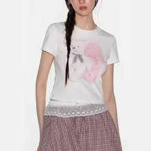 王玉雯同款可爱小熊印花修身短袖T恤女春季新款正肩显瘦半袖上衣