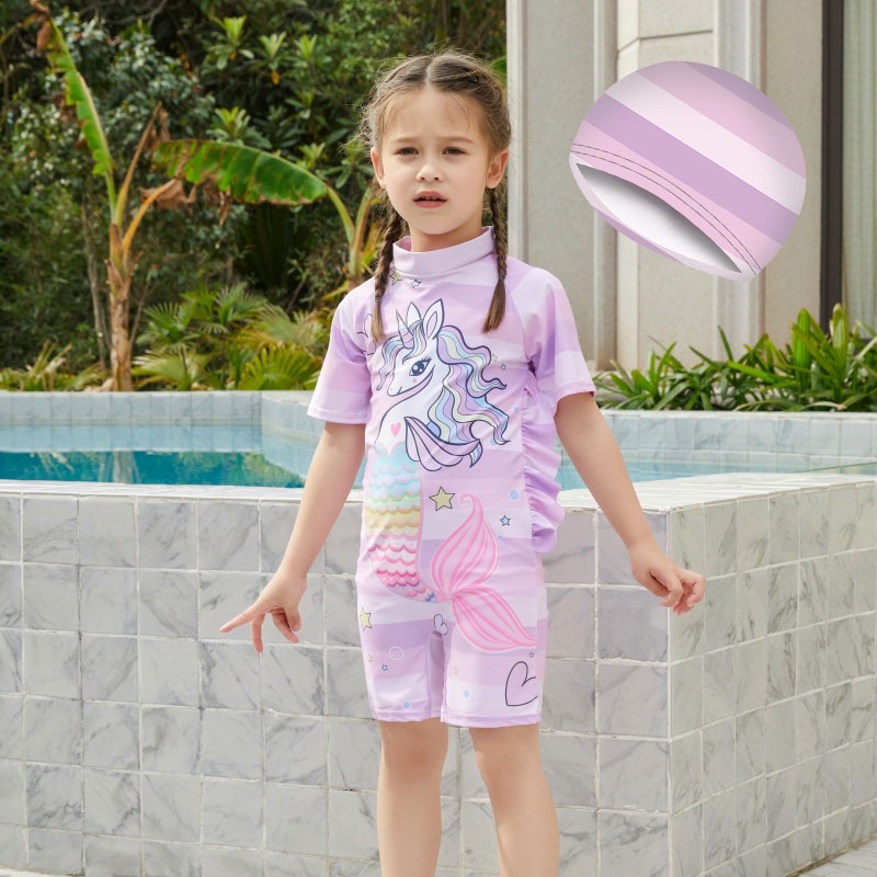 Comercio exterior del sudeste asiático traje de baño para niños niñas de dibujos animados de una pieza de manga corta protector solar para niñas ropa de viaje de secado rápido para niñas
