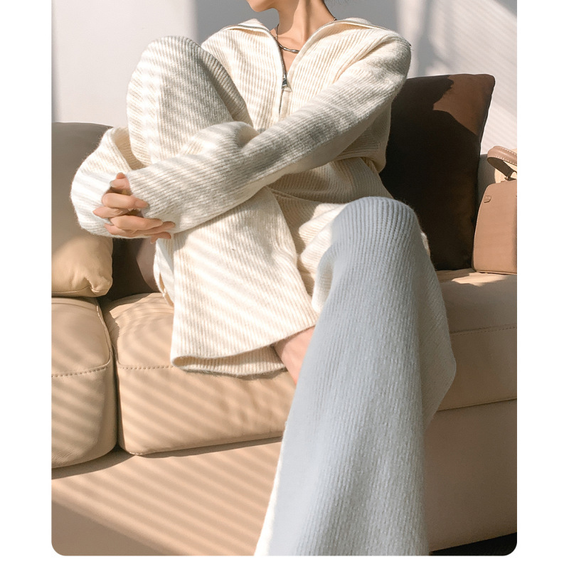 Transfronterizo estilo europeo y americano de cuello alto con cremallera suéter de punto conjunto de mujeres otoño invierno pantalones de piernas largas sueltos dos piezas