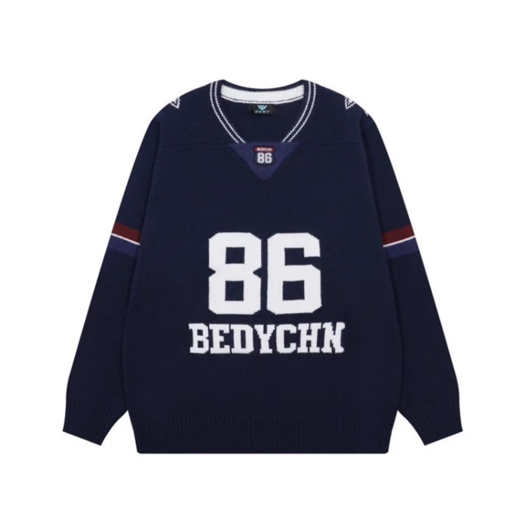 Men's Retro Color Block Pullover Sweater – Loose Fit V-Neck Knitwear (Navy Blue/Red, M-XXL)_voghion.com