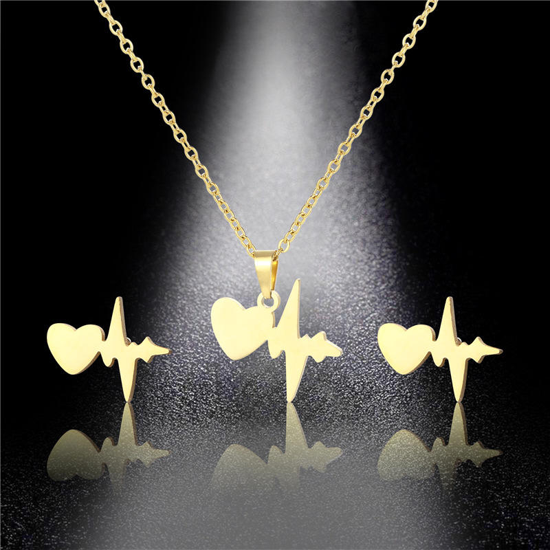 ECG Wave Necklace Stainless Steel Personality Heart-shaped Pendant Earring Set