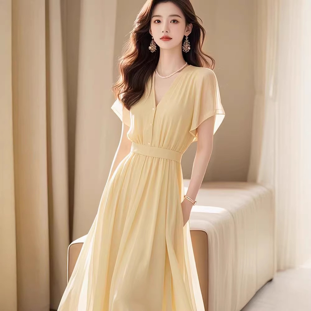 Đầm maxi nữ thắt eo chất liệu voan vàng nhạt phong cách Pháp — Vàng nhạt chi tiết 4