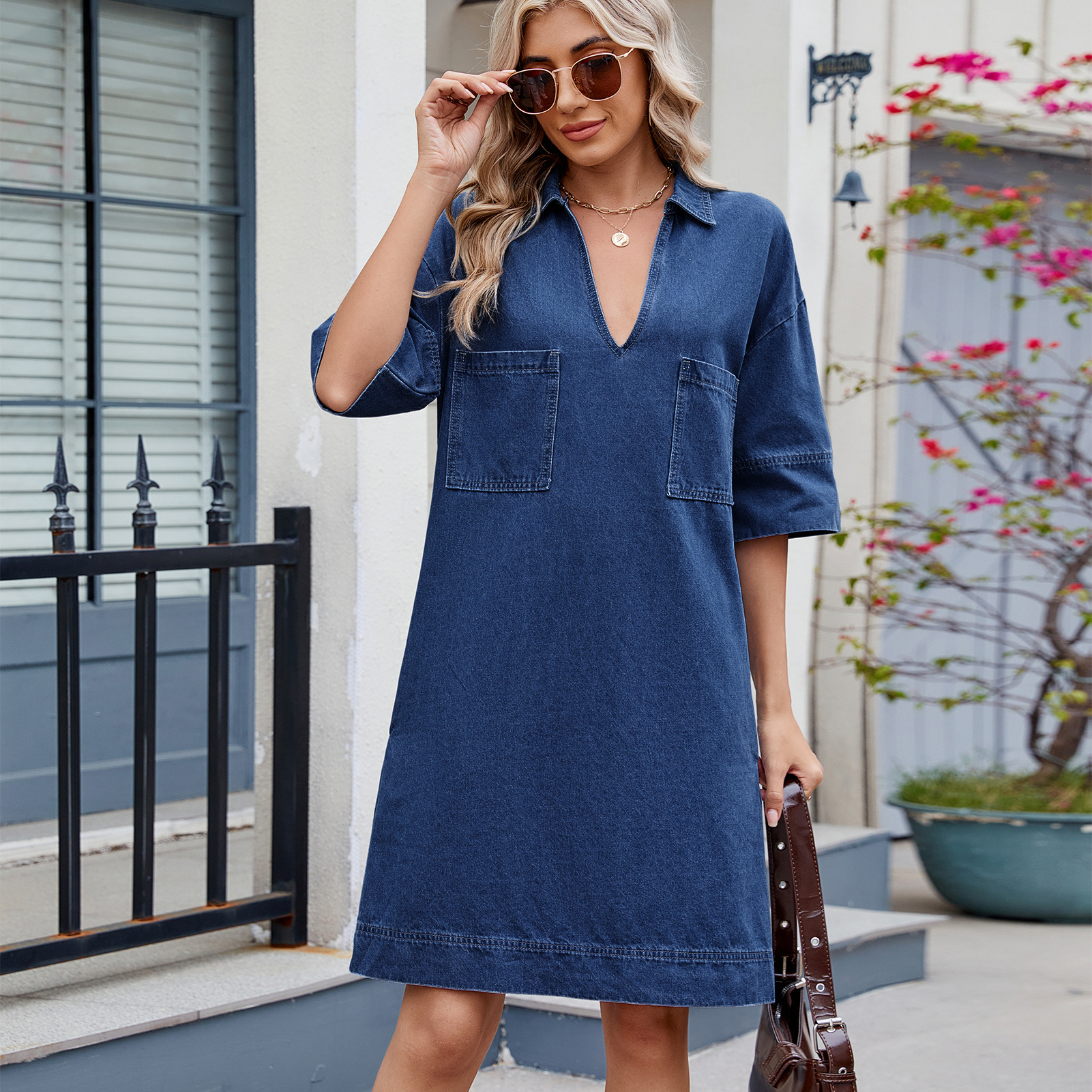 Women Spring Summer Washed V neck Loose Short Sleeve Dress Midi Dress