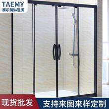 一字型不锈钢玻璃隔断淋浴房 黑色家用洗浴房 移门式一字型淋浴房