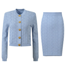 2025早春新款法式小香风金扣提花修身显瘦圆领短款上衣半裙套装