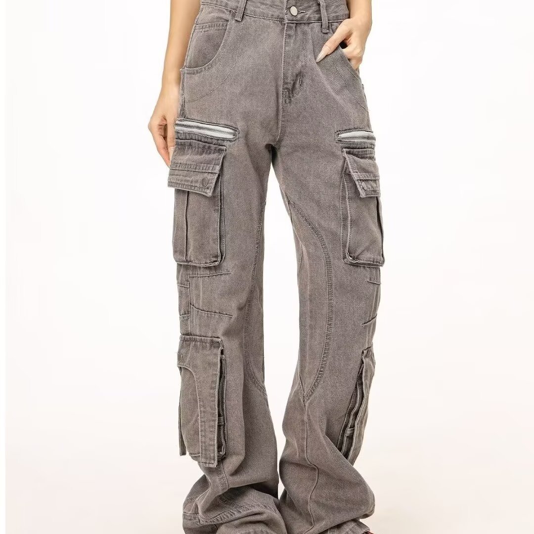 Men's Clothing High Street Streetwear Heavy Duty Cargo Jeans With Multi-Pockets & Zipper Design - Stylish Casual Work Pants In Grey (Sizes M-3XL)_mkmklike.com