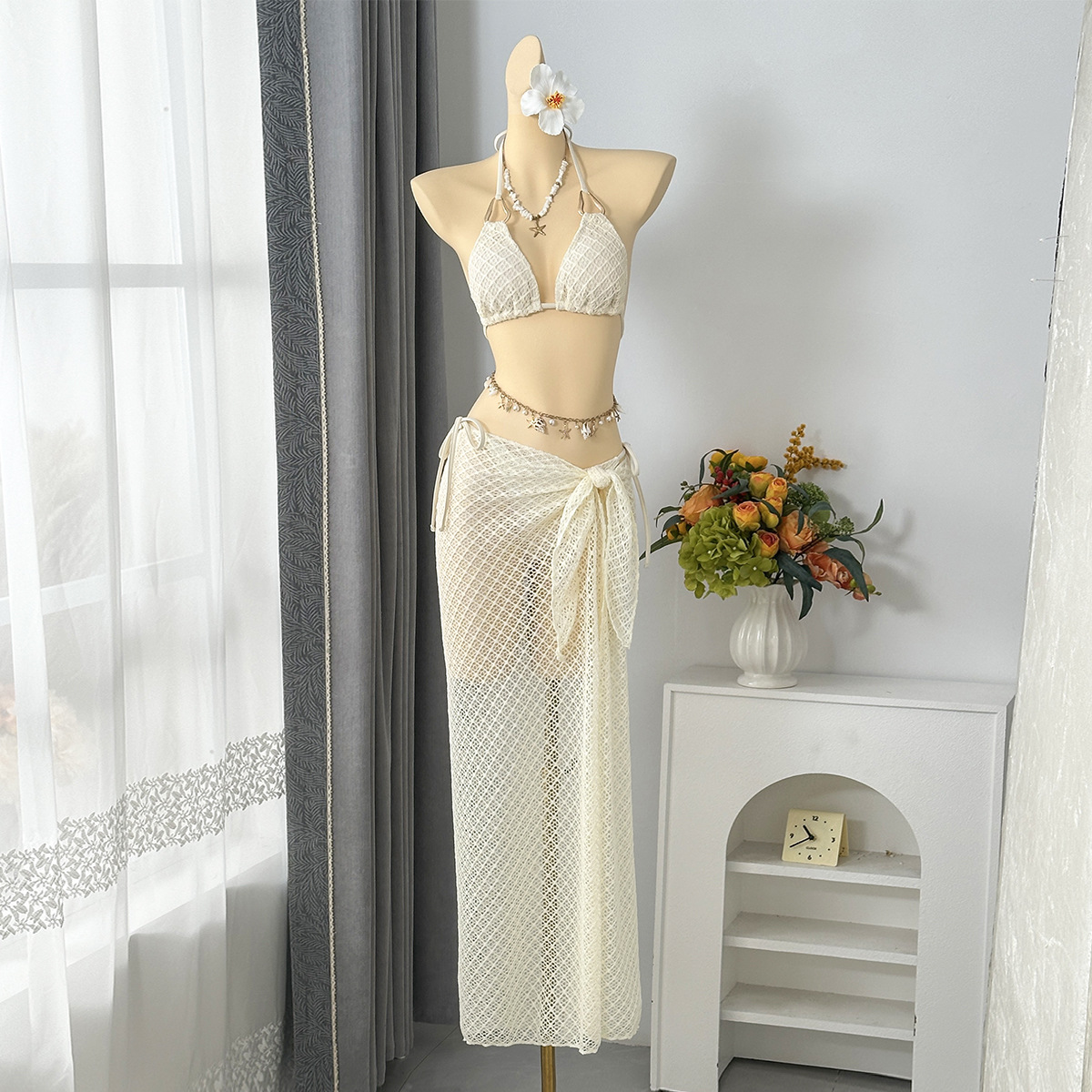 Women's Clothing Style Three Piece Swimsuit Metal Halter Neck Tie Mesh Skirt Bikini For Beach Vacation For Formal & Casual For Women_ecoleips.com