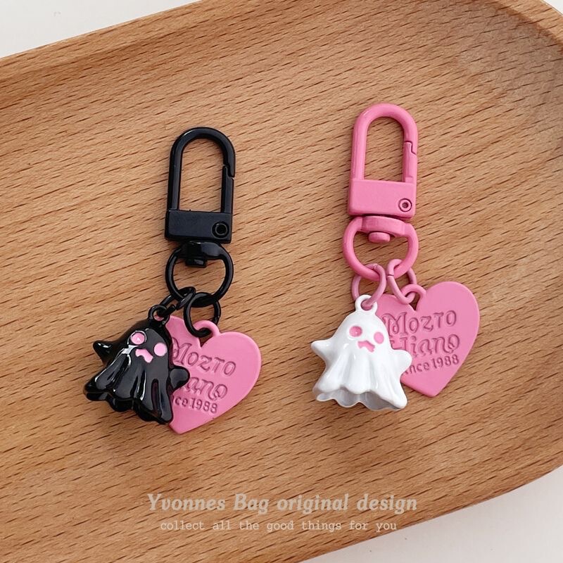 Cute and Unique Sweet-Cool Little Ghost Heart-Shaped Pendant Pink and Black Round Buckle Pendant Keychain Earphone Charm Cute and Unique Sweet-Cool Little Ghost Heart-Shaped Pendant Pink and Black Round Buckle Pendant Keychain Earphone Charm