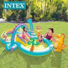 INTEX57135恐龙八字形水池滑梯充气池海洋球池儿童小型家庭游泳池