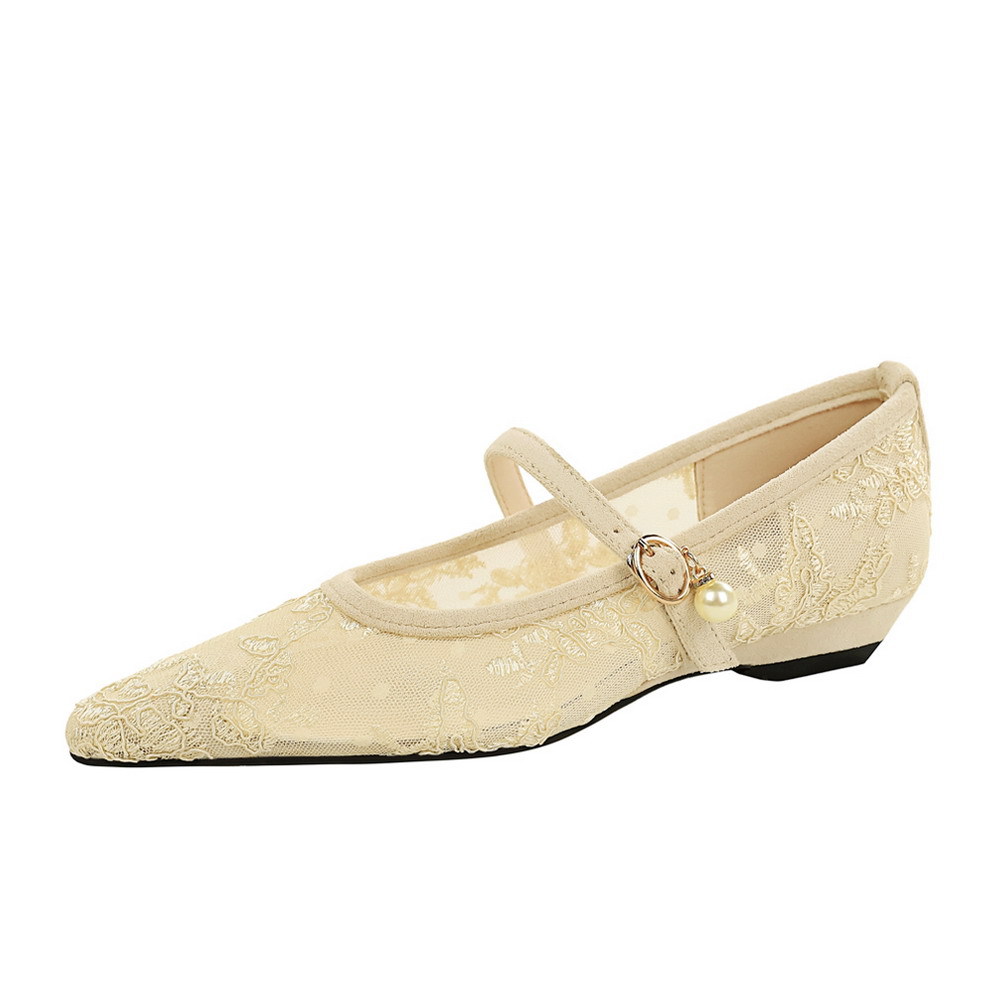 3683-K205 European and American style fashionable pearl decoration straight buckle strap pointed shallow mouth low heel lace mesh single shoe