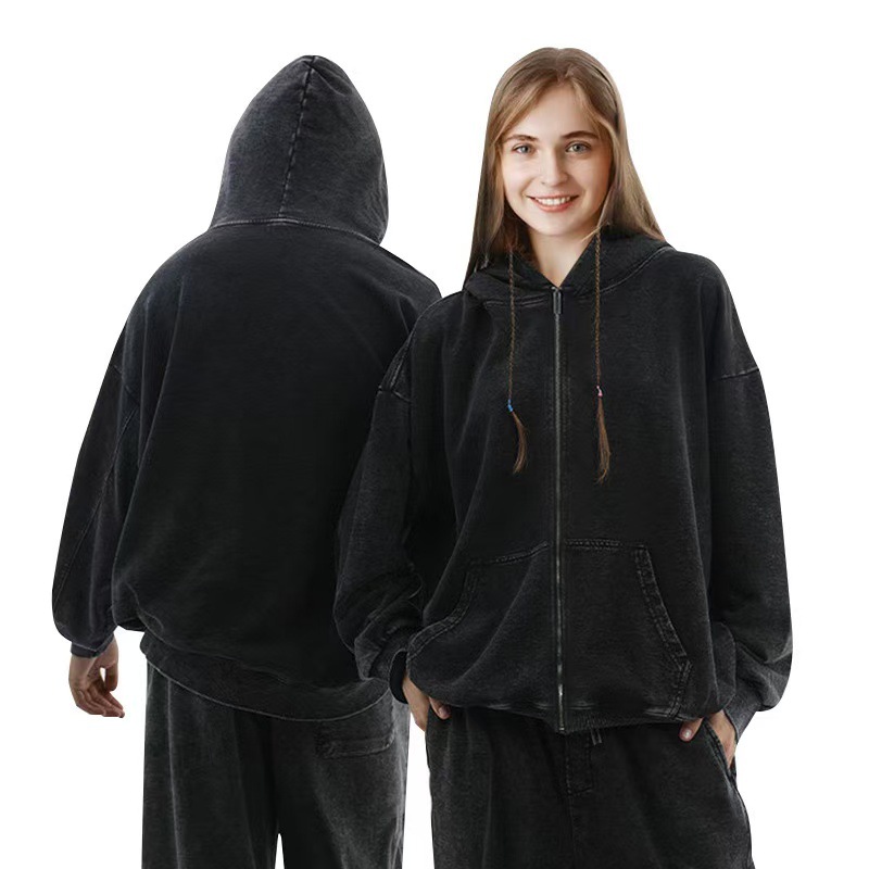 Cross-border otoño y invierno lavados con sudadera con capuz para hombres y mujeres 400g pesado gran anillo de lana estilo americano retro batítico hacer viejas camisas de moda