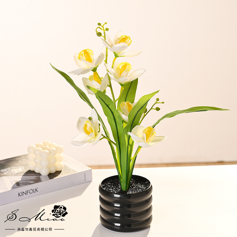 Planta en Maceta de Orquídea Cymbidium Artificial de 7 Cabezas de Seda para Oficina y Sala de Estar