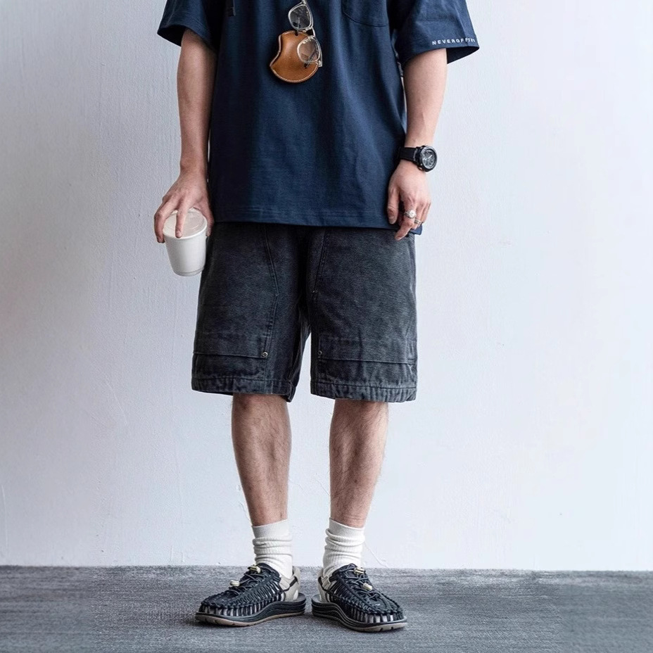 American-Style Trendy Retro Rivet Large Pocket Lumberjack Denim Shorts for Men, New Summer Trendy Straight Cargo Mid-Length Shorts