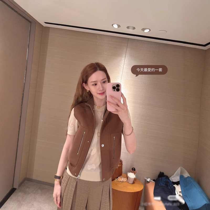 2025 Nanyou Autumn and Winter Her* New Threaded Stand Collar Patchwork 100% Double-Sided Cashmere Vest Jacket for Women