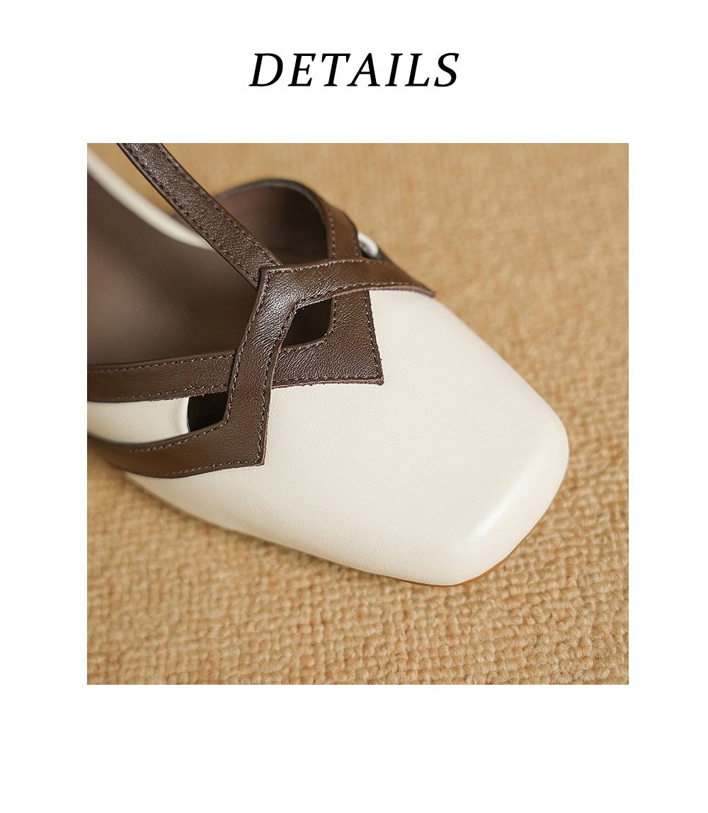 Sandal nữ mũi nhọn quai chữ T gót vuông cổ điển phối màu da bò — đen chi tiết 15