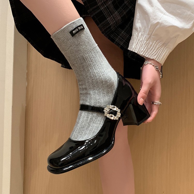 Cow Patent Leather Square Toe with Rhinestone Buckle Thick Heel Mary Jane Shoes Genuine Leather French Style with Skirt Burgundy High Heels