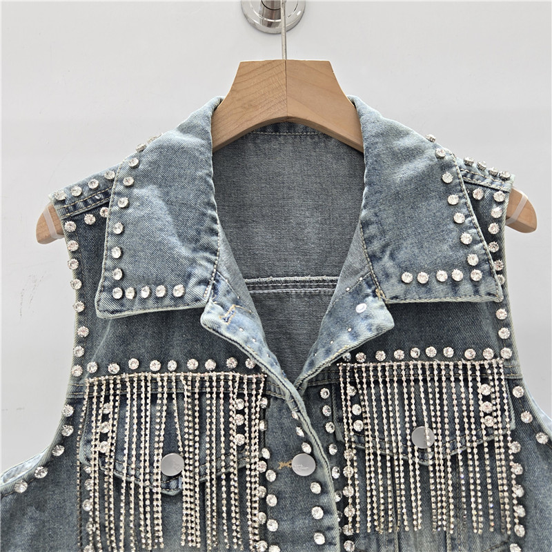 industria pesada diamante chaqueta denim mujer primavera y verano 2026 nuevo suelto delgado versátil chaleco sin mangas de mercadería europea