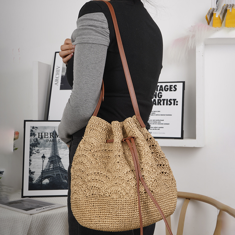 2026 New Arrival Women's Woven Shoulder Bag - Summer Beach Vacation Vintage Large Capacity Hollow Out Bucket Straw Bag - Thumbnail 6