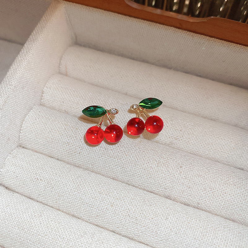 10g Weight 925 Sterling Silver Ear Needle Material Glass Inlay Material Ear Studs Classification 1 Pair Quantity Daily Occasion Alloy, Glass Material Cherry Pattern Women's Gender Cute, Sweet Style 1 Pair Cute Sweet Cherry Alloy Glass Glass Ear Studs 2