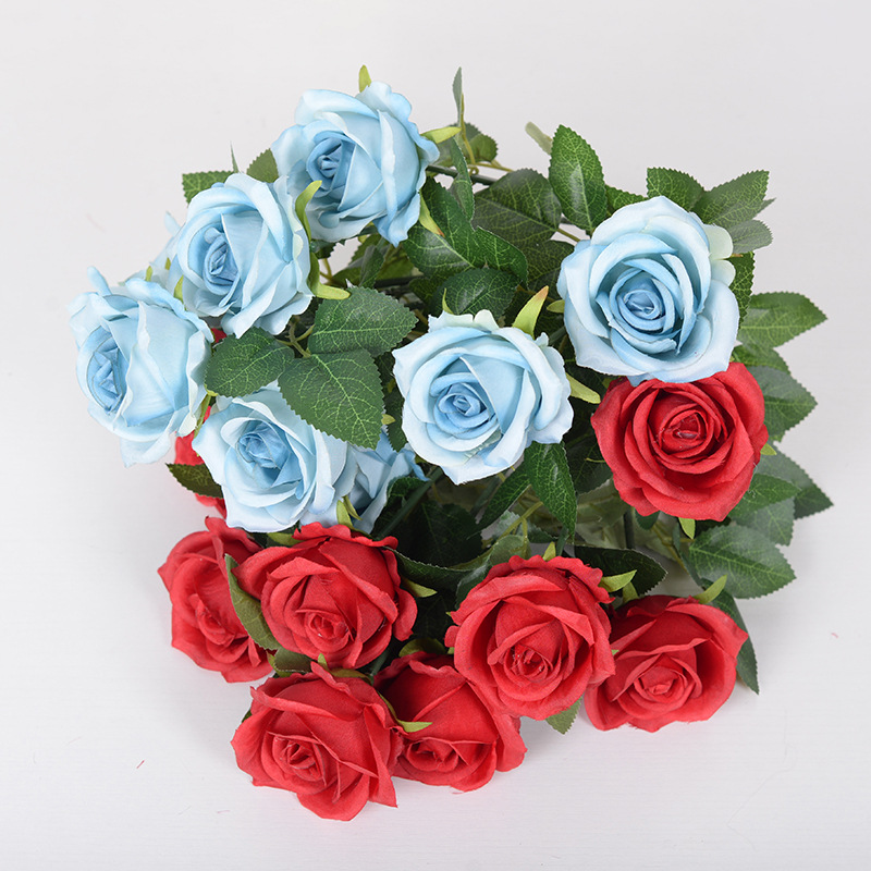 9-cabeza Rosa flor artificial ramo hogar Decoración de la boda Rosa artificial pequeña venta al por mayor de París