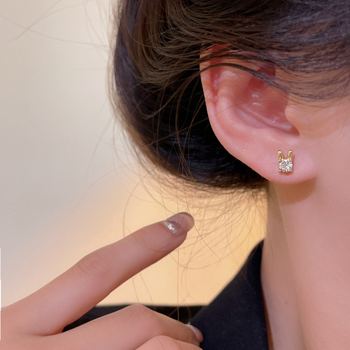 S925 Silver Needle Compact Rabbit Diamond Stud Earrings Feminine Personality Internet Celebrity Trendy Earrings Versatile Design Ear Accessories