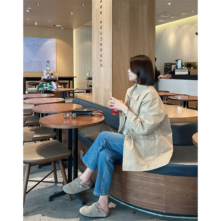 纯色风衣外套2025简约复古韩系翻领单排扣宽松休闲中长款外套女