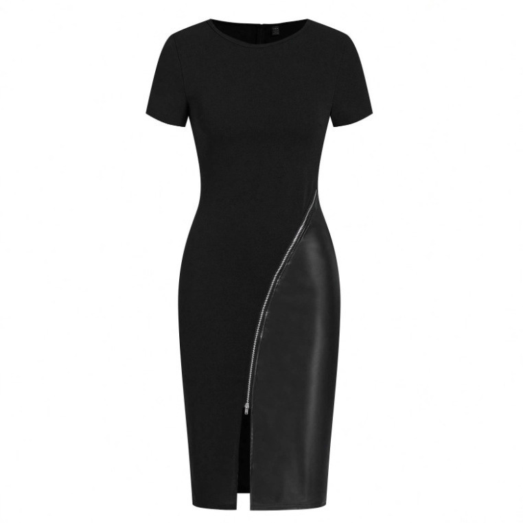 Cross-Border Women's Zipper Short-Sleeve Black Pu Patchwork Thigh-High Slit Bodycon Dress