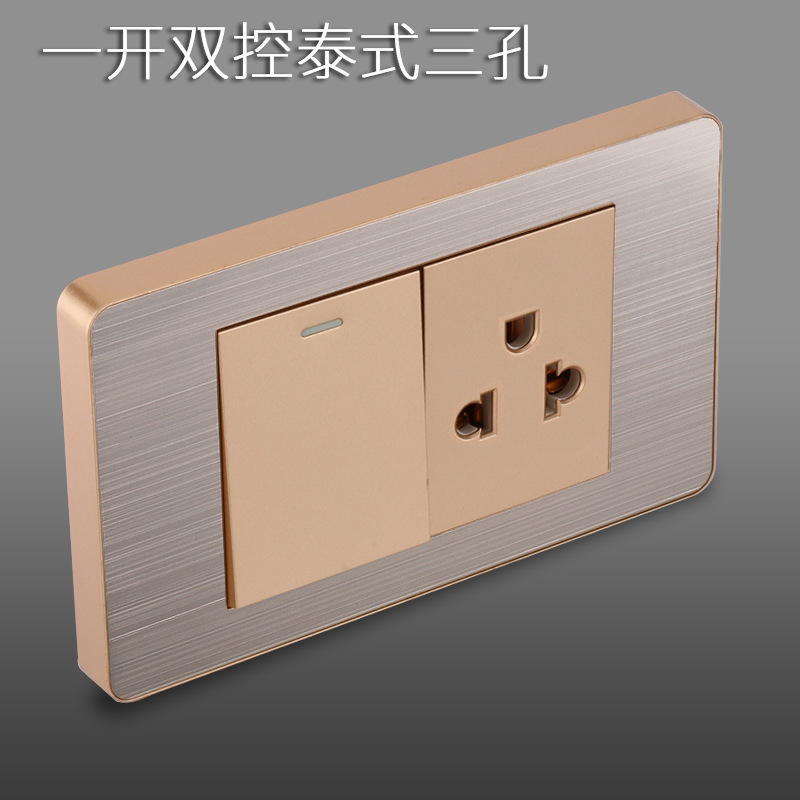 Panel de enchufe de metal estándar estadounidense de acero inoxidable dibujado oro tres agujeros Taiwan conmutador USB suministro directo de fabricantes de enchufes